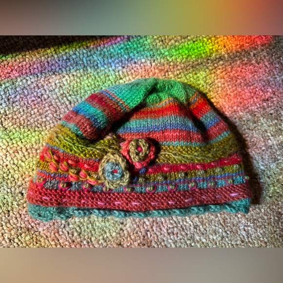 Lost Horizons Colorful Wool Knit Beanie with Floral Accents - Picture 1 of 3